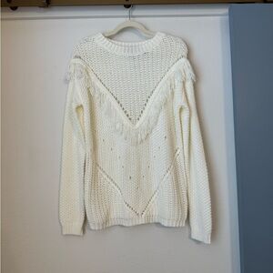 Women’s White Fringe Chunky Knit Oversized Sweater- Medium